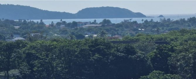 Coastal hillside view in Phuket with dense greenery, low-rise homes and an island in the distance.