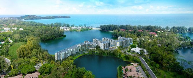 Aerial view of Laguna Phuket showing lakes, resorts and coastal landscape.