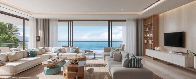 Modern living room in Phuket with large windows and an ocean view.