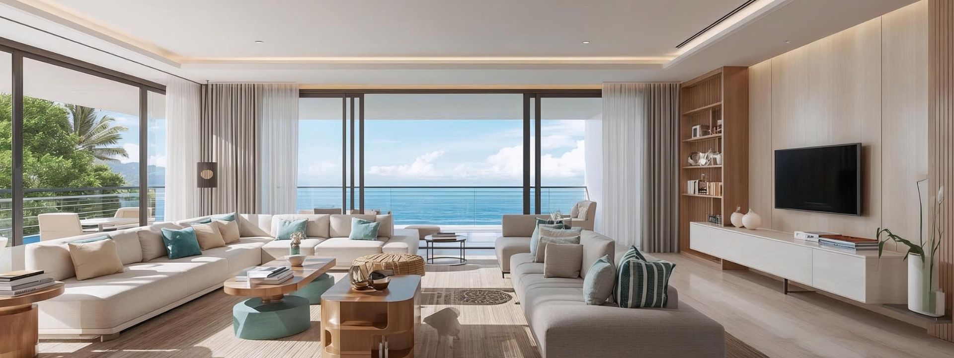 Modern living room in Phuket with large windows and an ocean view.