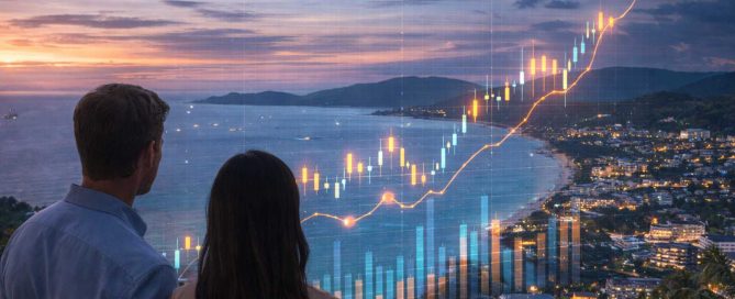 Conceptual image showing Phuket’s coastline with an overlaid market trend graphic