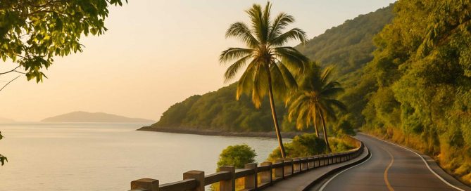 Quiet coastal road lined with palm trees along Phuket’s shoreline at sunset