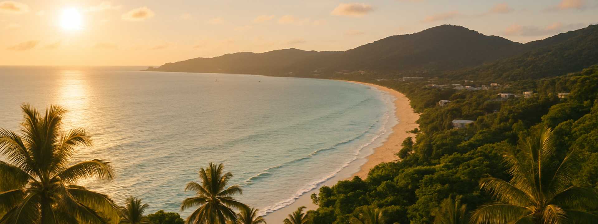Sunset view along a quiet beach and forested coastline in Phuket