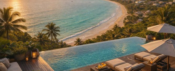Elevated sea view over Phuket’s coastline with hillside homes and a calm bay at sunset
