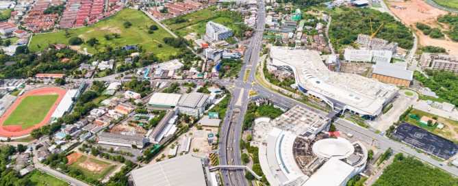 Aerial view of major road upgrades, interchanges and urban development in Phuket, highlighting infrastructure improvements that support property confidence.