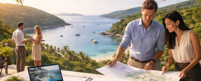 Wide coastal view of Phuket showing residential areas, hills, and coastline at sunset