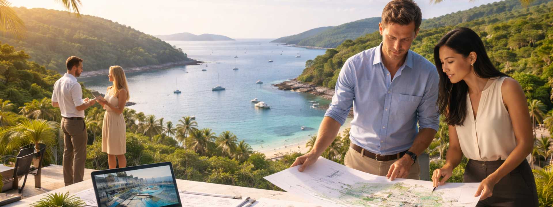 Wide coastal view of Phuket showing residential areas, hills, and coastline at sunset