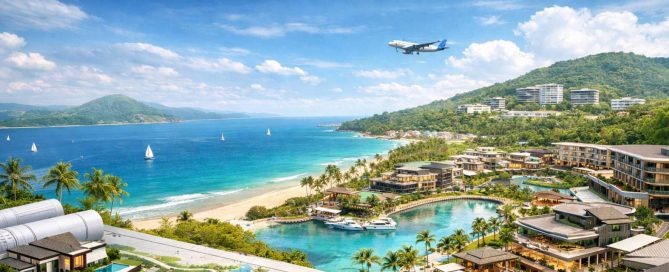 Conceptual view of a master-planned coastal development with residential areas, marina, and transport links in Phuket