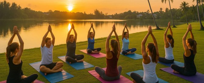 Group outdoor yoga class at sunrise beside a lakeside park in Phuket, reflecting the island’s growing fitness and wellness lifestyle.