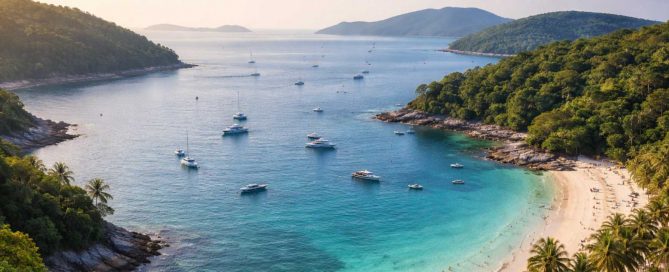 Sunset view over Phuket’s coastline with hillside residential areas and bay