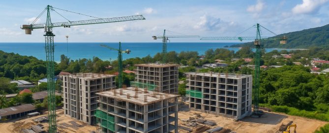 Aerial view of a large residential construction site in Phuket with cranes, new buildings and coastal scenery.