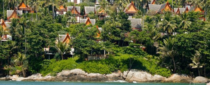 Aerial view of modern luxury villas in Phuket with pools and landscaped grounds, illustrating how villa developers are adjusting pricing strategies