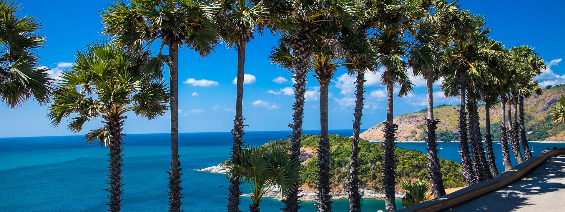Scenic coastal view at Promthep Cape in Phuket with palm trees, clear blue water and a peaceful residential coastline.