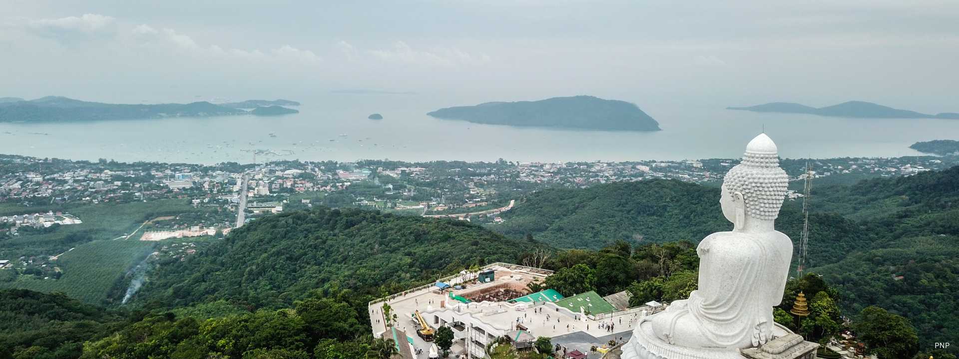 Big Buddha Phuket overlooking Chalong Bay with panoramic sea and island views