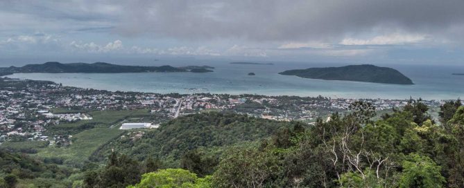 Elevated view over Chalong Bay and surrounding residential areas in southern Phuket