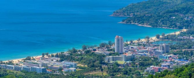 Aerial view of Kata Beach and surrounding residential and resort area in western Phuket
