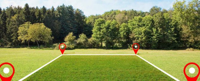 Outlined land plot boundaries on a green field, illustrating property land measurement and boundaries