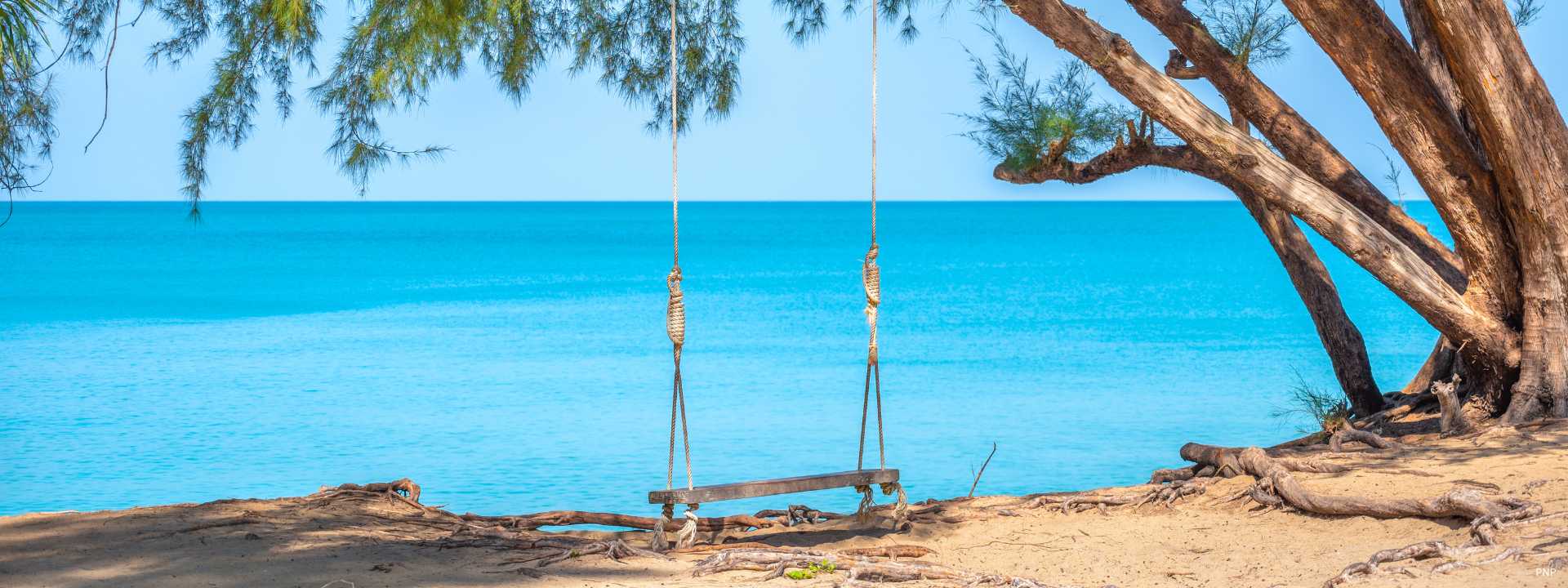 Tree swing on the beach at Mai Khao in Phuket, highlighting the area’s undeveloped and protected coastline.