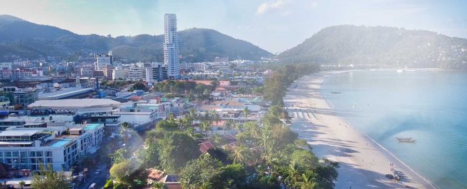 Aerial view of Patong Beach and surrounding urban development on Phuket’s west coast