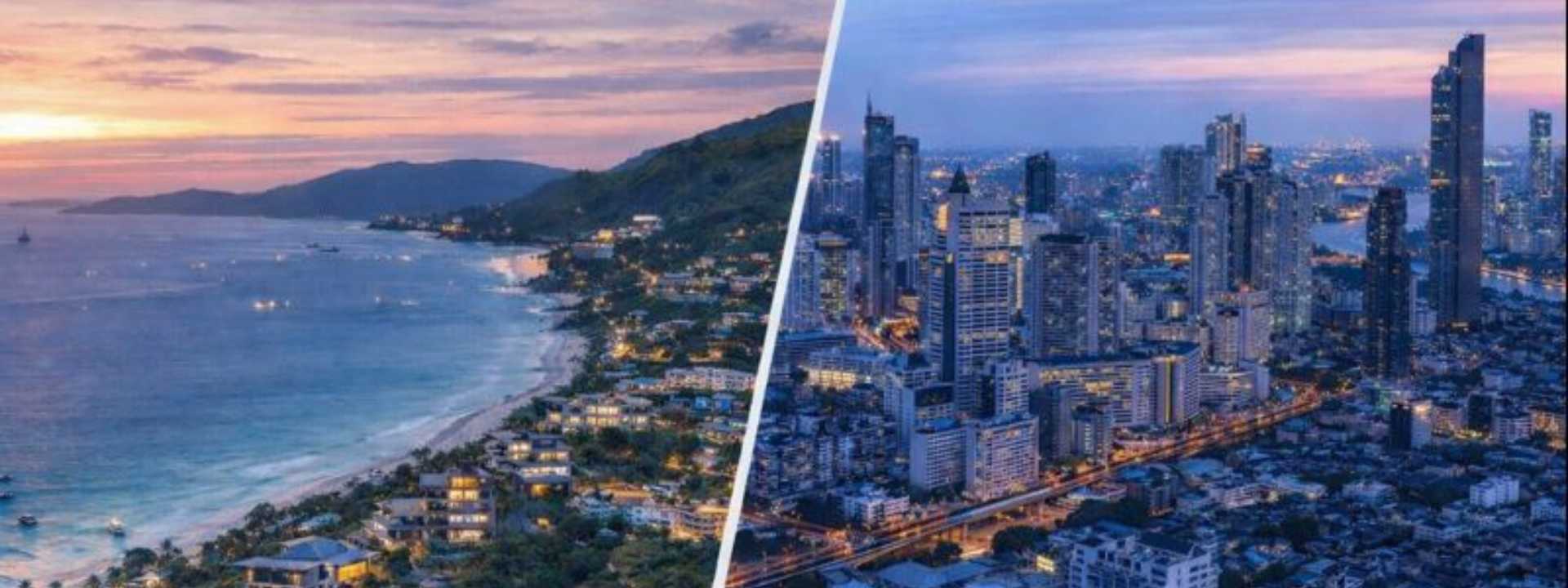 Split image showing Phuket coastline at sunset and Bangkok city skyline at dusk