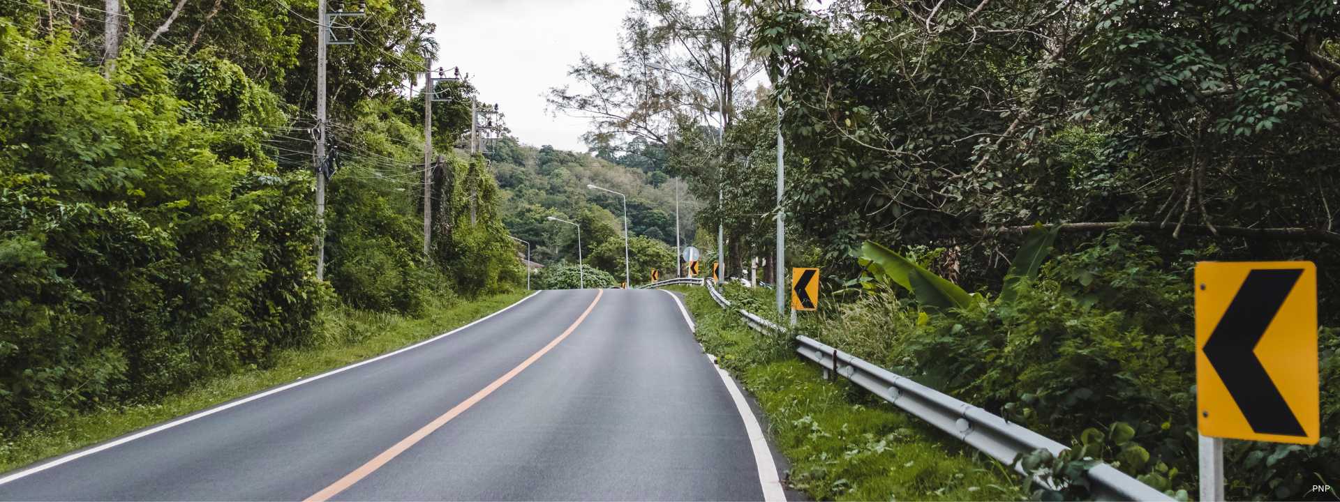 Winding inland road in Phuket surrounded by dense tropical vegetation and forested hills