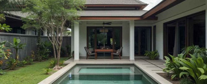 Modern tropical pool villa with private garden and covered terrace in Phuket