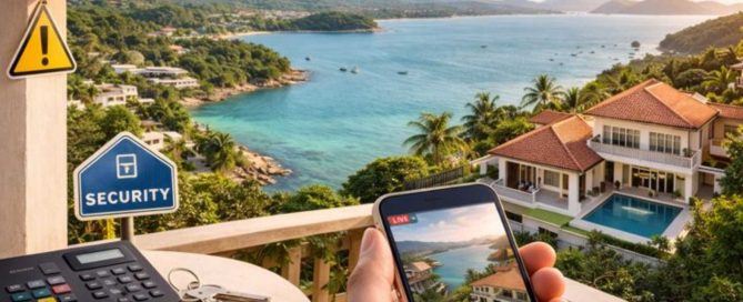 Home security camera and access keypad overlooking a coastal residential area in Phuket