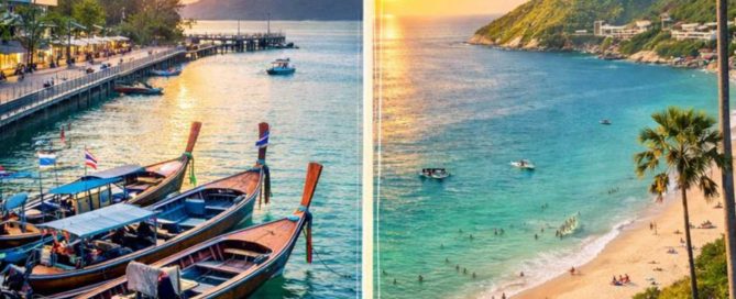 Split image showing traditional longtail boats at Rawai waterfront and Nai Harn Beach coastline in Phuket