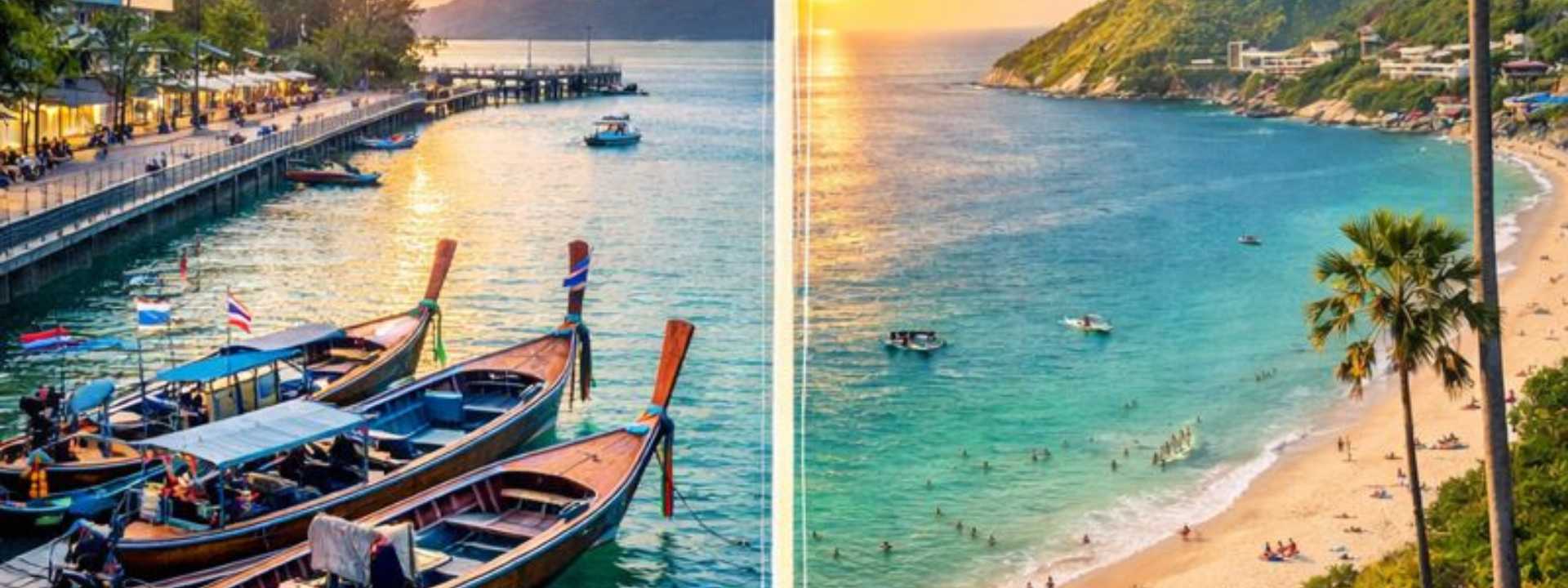 Split image showing traditional longtail boats at Rawai waterfront and Nai Harn Beach coastline in Phuket