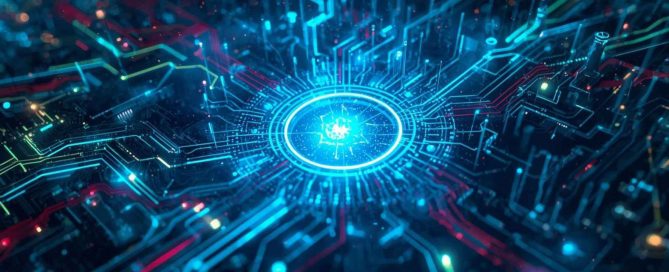 Abstract blue digital circuit with glowing central core representing artificial intelligence and advanced technology