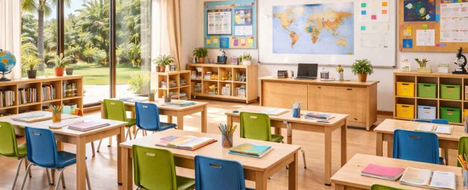 Bright primary school classroom with wooden desks, colorful chairs, world map on wall, and large glass doors overlooking a tropical garden.