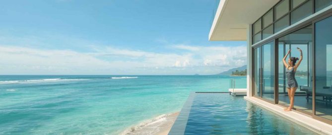 Woman stretching beside an oceanfront pool at a modern beachfront home in Phuket