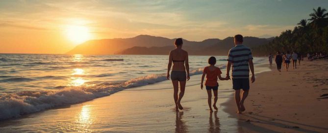 Family walking barefoot along the beach at sunset in Phuket