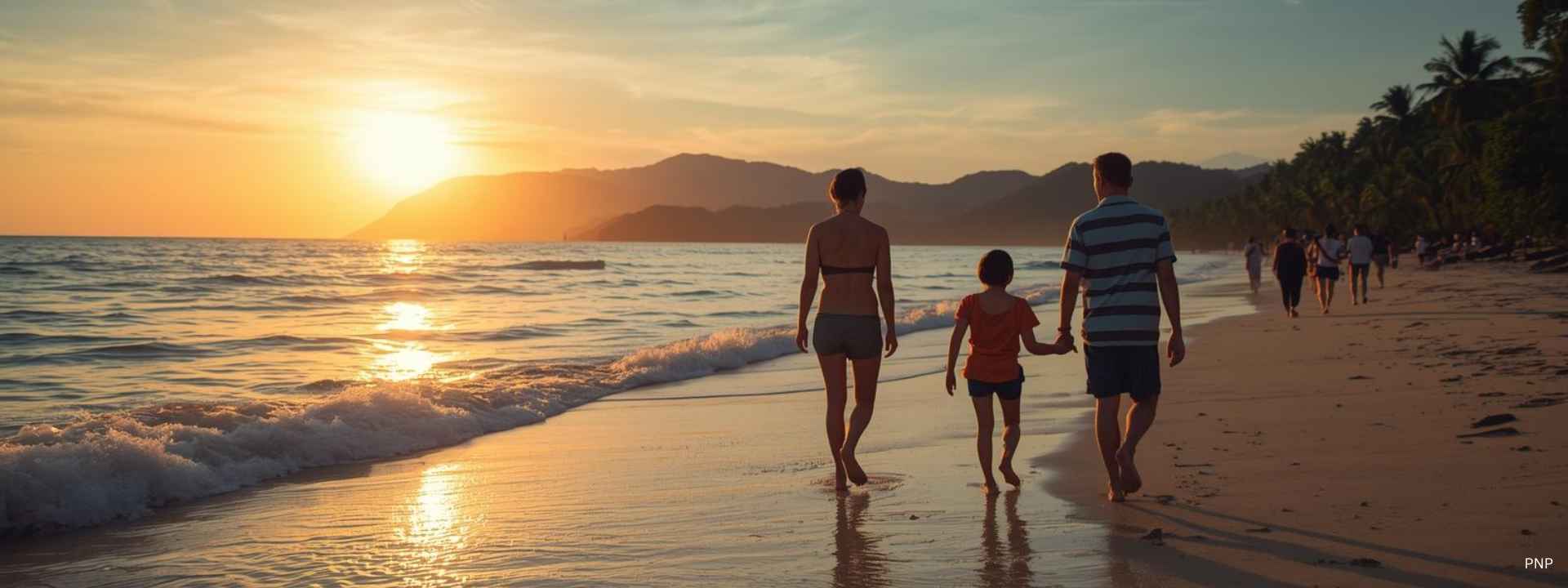 Family walking barefoot along the beach at sunset in Phuket