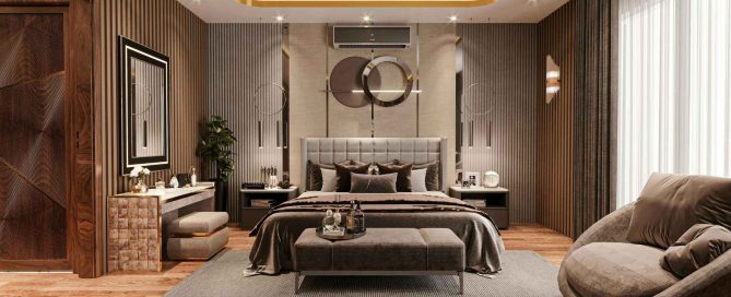 Luxury modern master bedroom with warm wood paneling, upholstered headboard, pendant lighting, vanity desk, and elegant neutral décor.