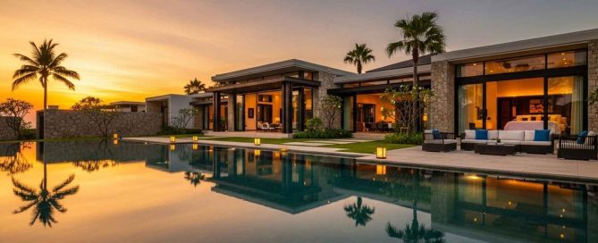 Luxury modern villa with swimming pool at sunset