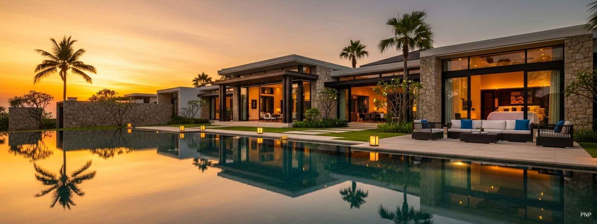 Luxury modern villa with swimming pool at sunset