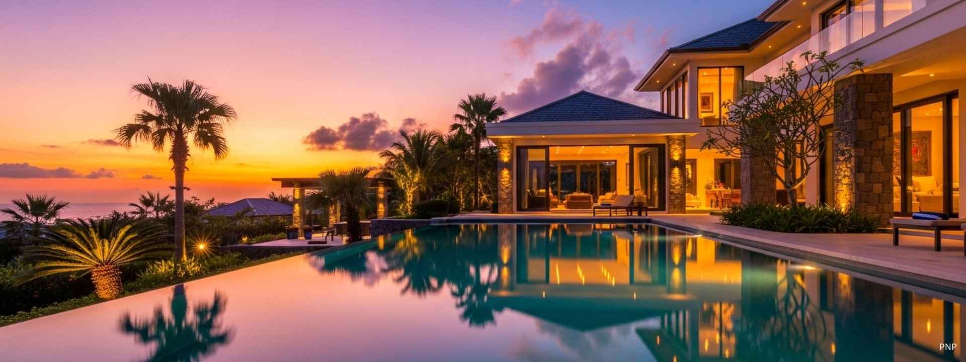 Luxury villa in Phuket with infinity pool overlooking the ocean at sunset