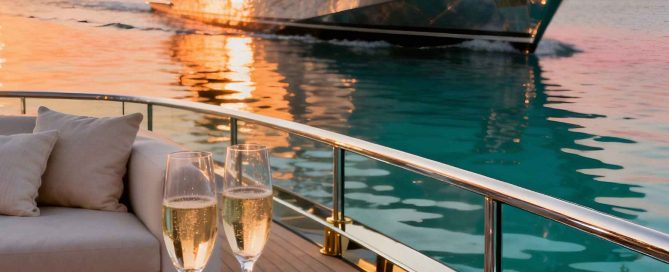 Champagne glasses on a luxury yacht deck at sunset with calm turquoise sea and golden reflections