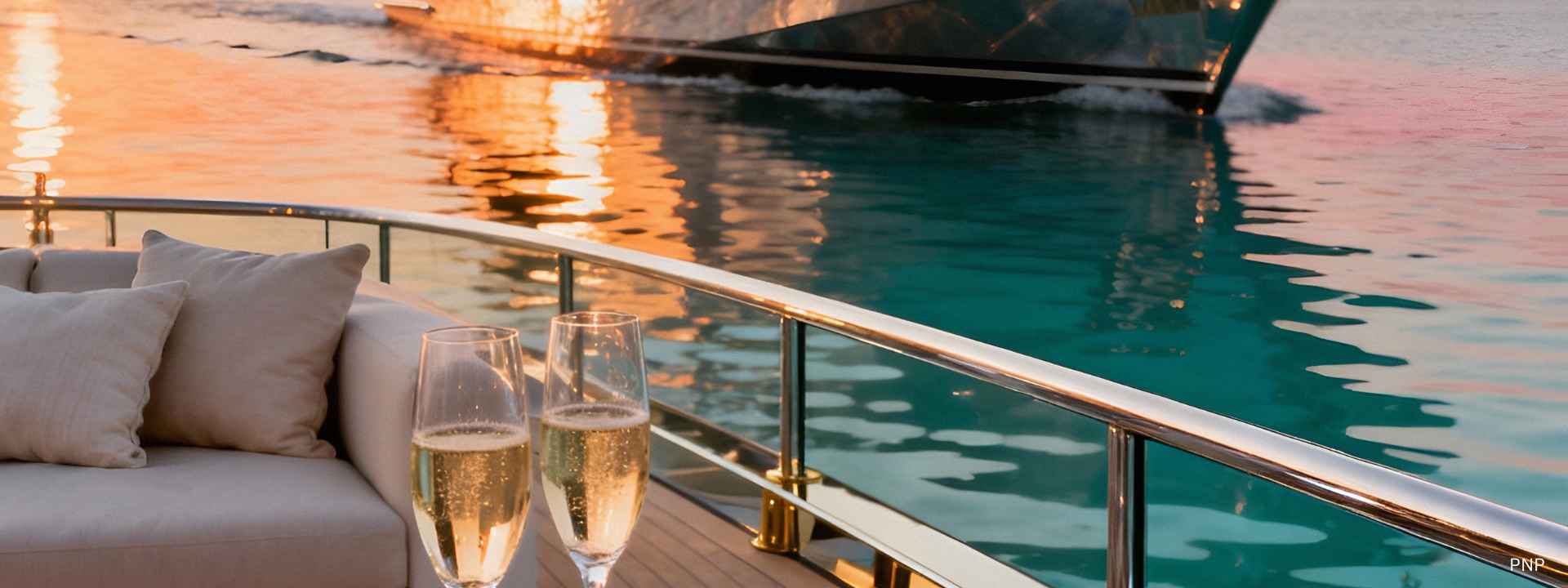 Champagne glasses on a luxury yacht deck at sunset with calm turquoise sea and golden reflections