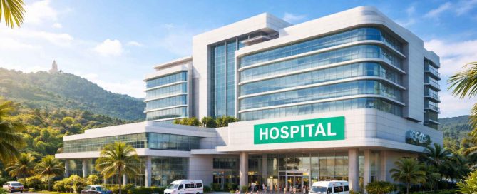 Exterior view of a new modern hospital development in Phuket with ambulances and landscaped entrance