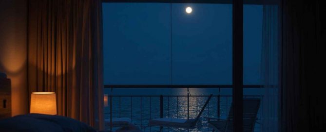 Bedroom overlooking the ocean at night with moonlight reflecting on the sea in Phuket