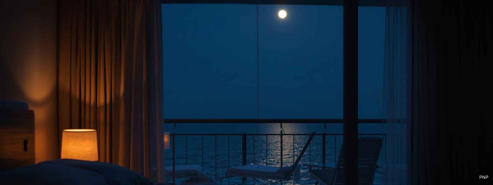 Bedroom overlooking the ocean at night with moonlight reflecting on the sea in Phuket