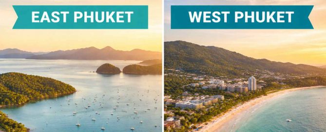Side-by-side aerial comparison of East Phuket and West Phuket showing differences in coastline, development, and property locations