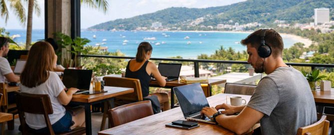 People working on laptops in a modern Phuket coworking space with a sea view, reflecting the growth of remote work