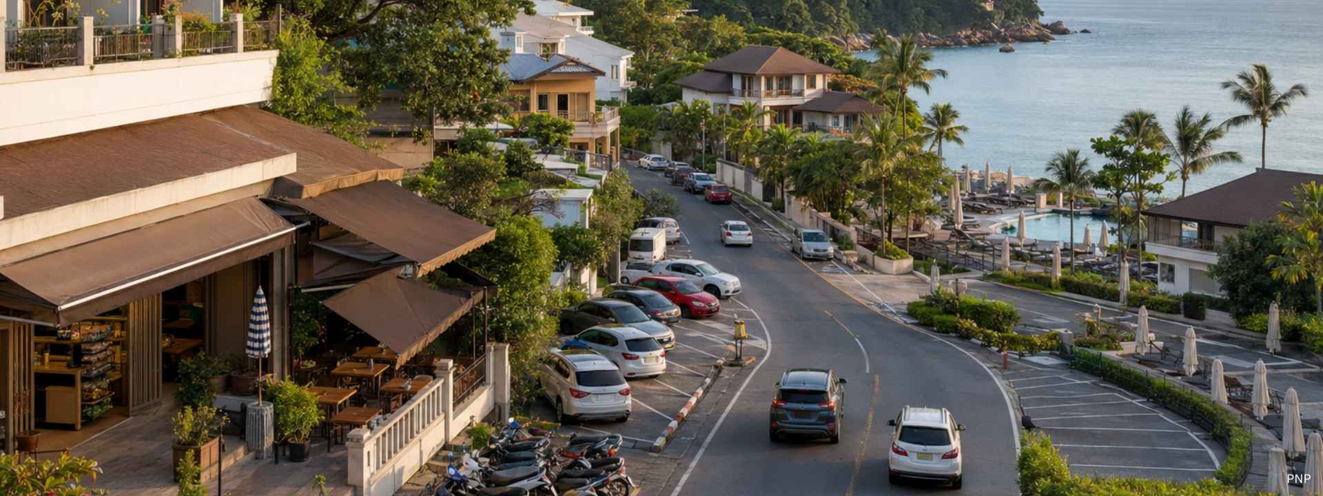 Vehicles and parked motorbikes line an active Phuket coastal road beside quiet resort pool terraces overlooking the Andaman Sea.