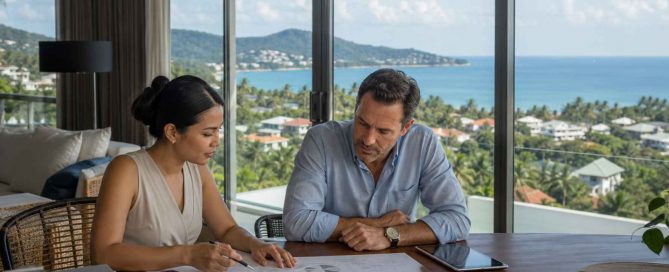 Buyer and property professional reviewing pricing documents inside a modern Phuket condominium overlooking the tropical coastline.