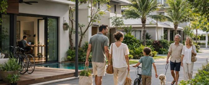 Family returning home with groceries and a bicycle greets a mature couple walking their dog in a tropical Phuket villa community.