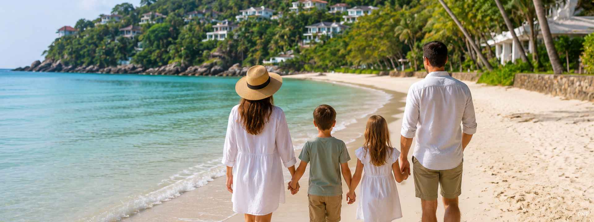 Family walking along a peaceful beach in Phuket, illustrating why more families are choosing Phuket for long-term living.