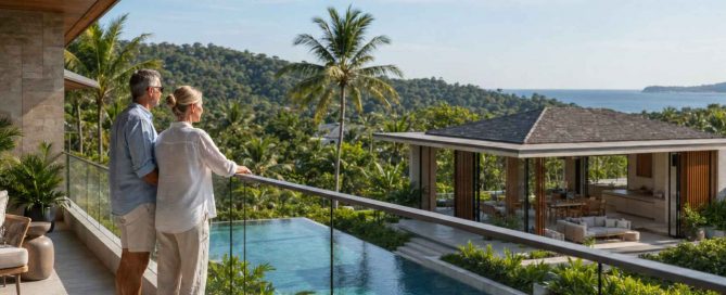 Mature couple overlooking a private infinity pool, tropical gardens and the Andaman Sea from a modern villa terrace in Phuket.